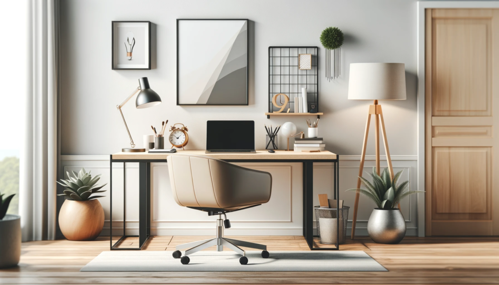 Modern and minimalist home office setup, designed for WordPress feature image format, showcasing a productive and comfortable remote work environment